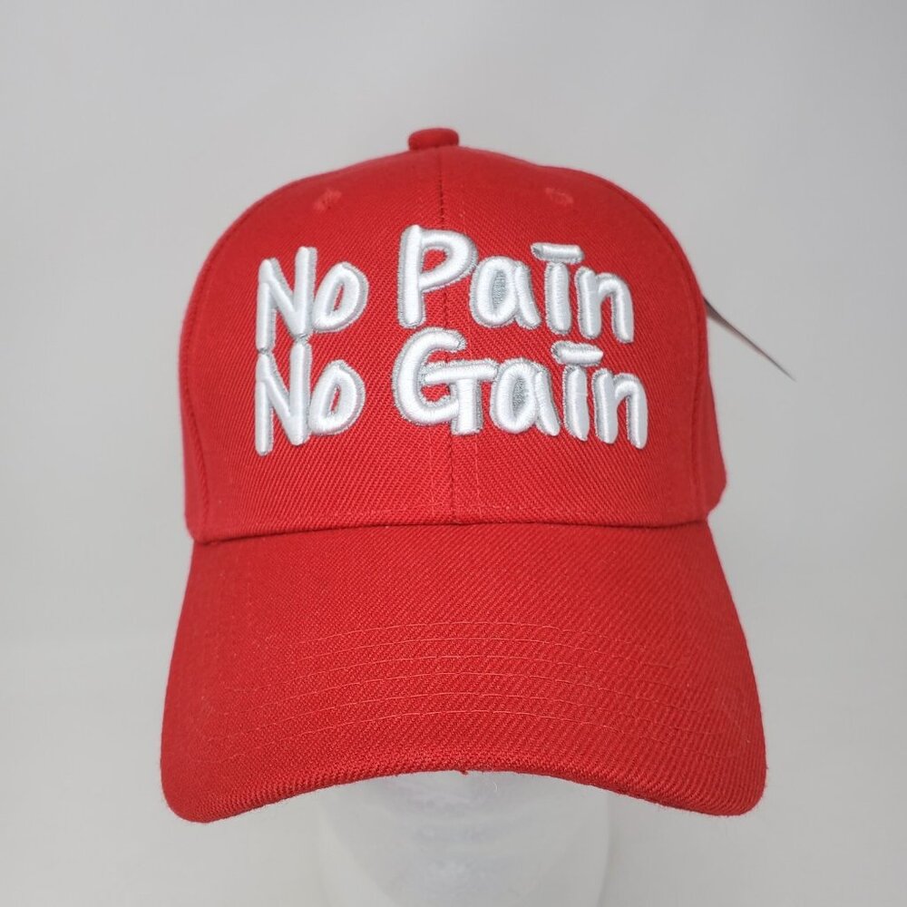 No Pain No Gain Baseball Hat Cap Mens OSFA Red & White Hook Loop Adjustable